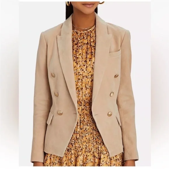 L'AGENCE Kenzie Double Breasted Goat Leather Blazer Beige Size 0 - Picture 3 of 11